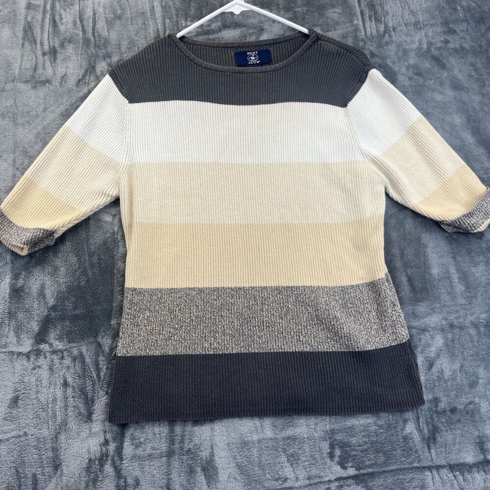 Hunt Club Vintage Sweater 100% Cotton Brown Tan Stripes Womens Large